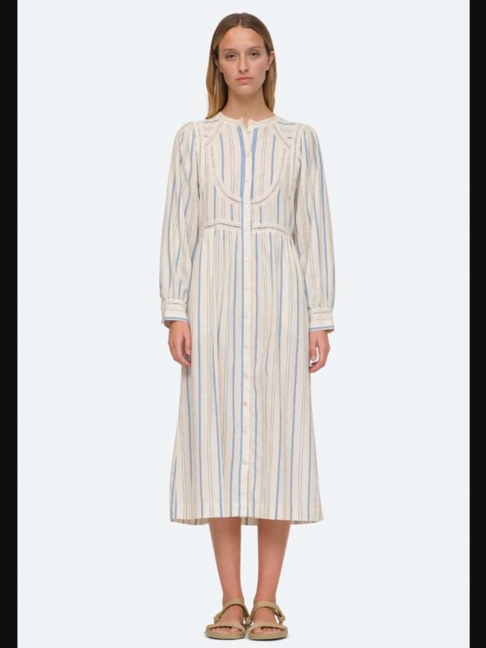 Sea New York Cream and Light Blue Striped Long-Sleeve Maxi Dress 100% Cotton